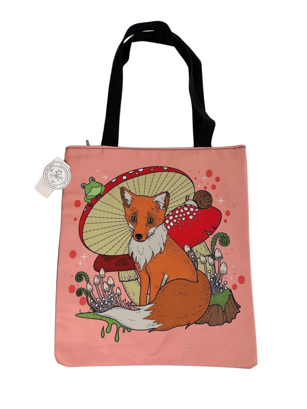 Fox & Mushrooms Pink Tote Bag with Black Handles
